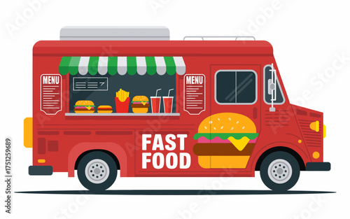 Bright Red Fast Food Truck with Burgers Fries and Drinks on a White Background