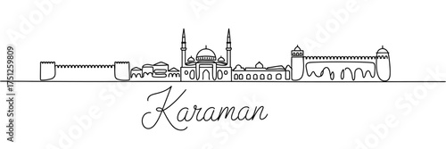 Karaman Cityscape Line Art Illustration Depicting Historical Architecture and Cultural Landmarks in Turkey with Modern Aesthetic