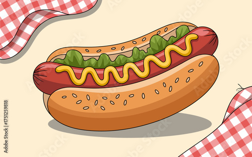 Delicious Cartoon Hotdog with Mustard and Relish on a Sesame Seed Bun for Summer Fun and Tasty Treats