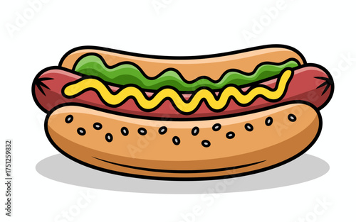 Cartoon Hotdog with Mustard and Relish Illustration for Food Lovers and Graphic Design Projects