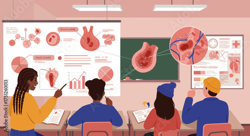 Diverse Students in a Biology Class Learning About Pituitary Gland Anatomy, Vector Illustration