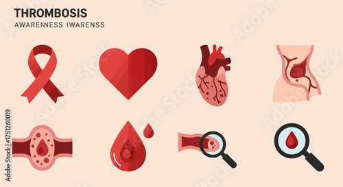 Thrombosis Awareness Illustration: Red Ribbon, Heart, Blood Clot, and Magnifying Glass Icons