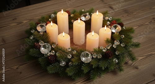 Christmas Candle Arrangement with Pine and Crystals
