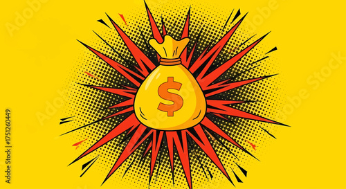 Pop art money explosion, a wealthy cartoon of financial success, rich dollar prize for business investment
