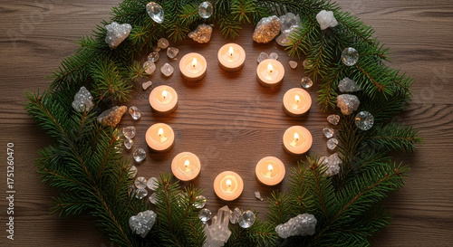 Circle of Lit Candles with Pine and Crystals