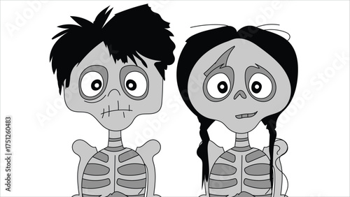 Cute Cartoon Kid Skeletons Boy and Girl Holding Hands Vector