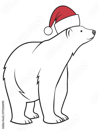 Minimalist polar bear outline wearing santa hat vector illustration scalable christmas holiday graphic isolated on transparent background