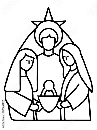 Minimalist nativity scene holy family outline vector illustration scalable eps icon religious christmas celebration isolated on transparent background