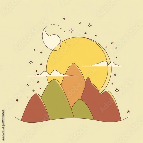 Simple landscape design of mountains and a sunrise.