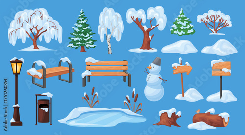 Winter park elements. Cartoon snow trees, snowy nature ice lake frozen pond snowdrift bushes city street scenery christmas fir frost forest landscape, set neat vector illustration original artwork