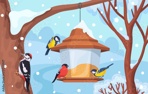 Bird winter feeder. Birds feed in trough wood house on snow branch, titmouse snowy tree forest landscape feeding tit garden park cartoon woodland nature neat vector illustration original artwork