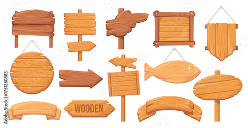 Cartoon wooden signboards. Wood signs set, game ui plank signboard farm signage old billboard wild west post western boards arrow signpost panel banners, neat vector illustration original artwork