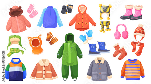 Children winter clothes. Baby kids warm apparel, cold autumn season fashion child outfit coat jacket hat cap sweater scarf vest stocking cardigan mitten, neat vector illustration original artwork