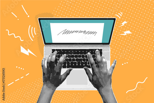 Hands keyboard collage. Hand writing on laptop or computer, writer seo text type internet work communication digital technology retro paper news creative exact vector illustration original artwork