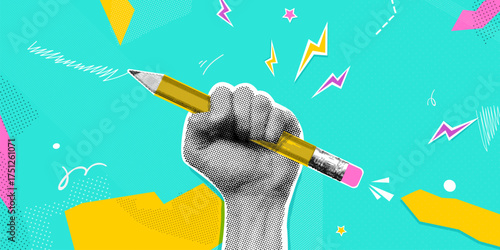 Hand pencil collage. Fist hold pen, back school concept college 90s education university online study creative learning banner retro paper pop art design exact vector illustration original artwork
