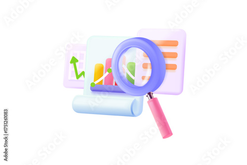 3d analysis document. Magnifying glass check report, survey review exam financial bill business evaluation study research feedback task list search info, exact vector illustration original artwork
