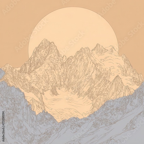 Mountain range illustration with a large sun.
