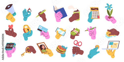 Hands holding items. Hand hold different things, money coin loudspeaker pen key book phone credit card clock heart object in finger palm, cartoon arm set classy vector illustration original artwork
