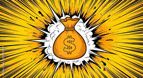 Wealthy money dollar cash explosion in pop art cartoon style. A business concept for financial success, savings