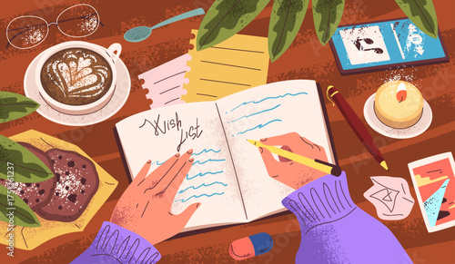 Woman write top view. Female hands writing to do wish list in diary or christmas letter to santa, girl study workplace desk pen paper notebook notepad, classy vector illustration original artwork
