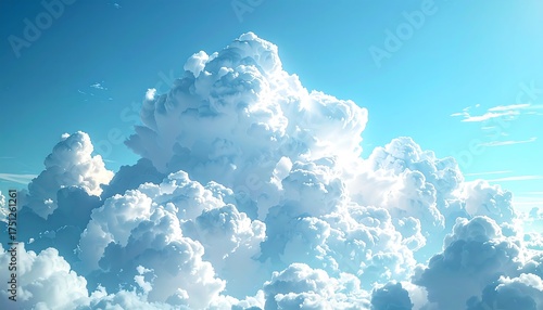Fototapeta Naklejka Na Ścianę i Meble -  A dramatic view of the sky with fluffy, white cumulus clouds floating against a brilliant, bright blue background. Sunlight illuminates the scene