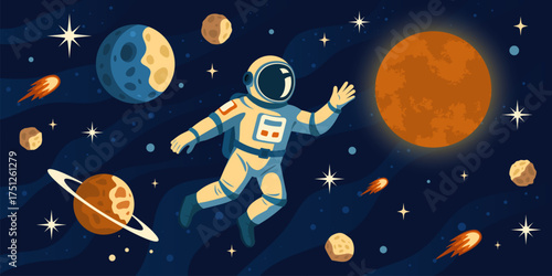 Astronaut space trip. Cosmonaut in outer cosmos, spaceman helmet rocket craft galaxy planet universe abstract star landscape cosmic explore concept, kicky vector illustration original artwork