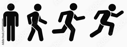 Collection of simple stick figure icons depicting motion and movement activities silhouette