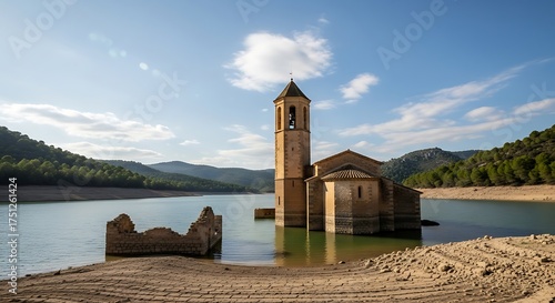 Sunken Church of Sant Rom? de Sau in Catalonia, Spain.