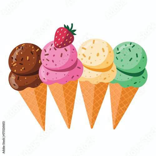 Four colorful ice cream cones with different flavors and toppings