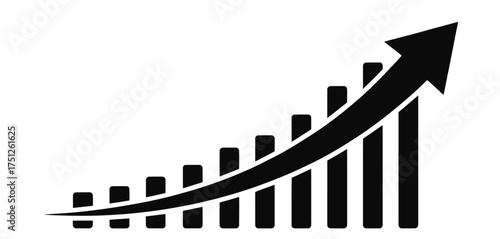 Minimalist black and white business growth bar chart with upward trending arrow vector illustration silhouette