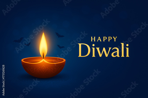 Single glowing oil diya lamp with flame on dark night background celebrating happy diwali festival of lights and hindu cultural tradition