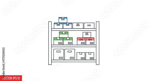 Line art illustration of warehouse storage rack with stacked boxes.
