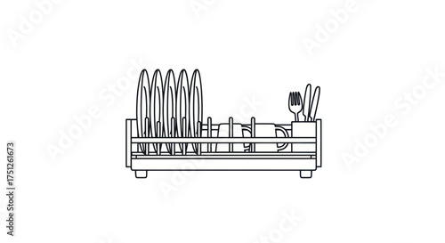 Simple line drawing of a dish drying rack with plates and cutlery.