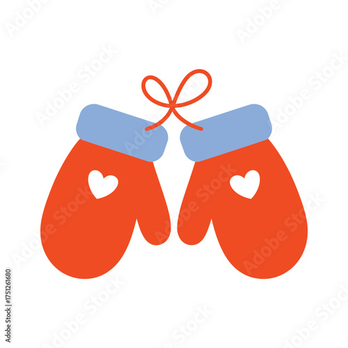 Cozy red winter mittens with blue cuffs and heart cutouts tied together