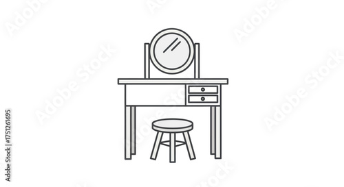 Simple Line Drawing of a Vanity Table with Mirror and Stool.
