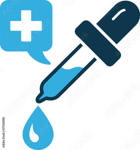 Healthcare concept graphic features a cross icon message bubble accompanied by a dropper with a drop of liquid.
