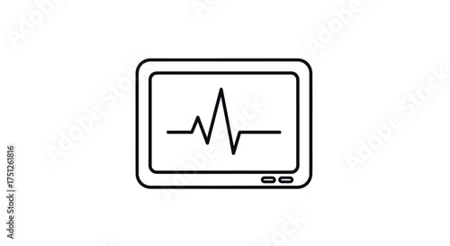 Black Outline Icon of a Medical Monitor Displaying a Heartbeat Electrocardiogram.