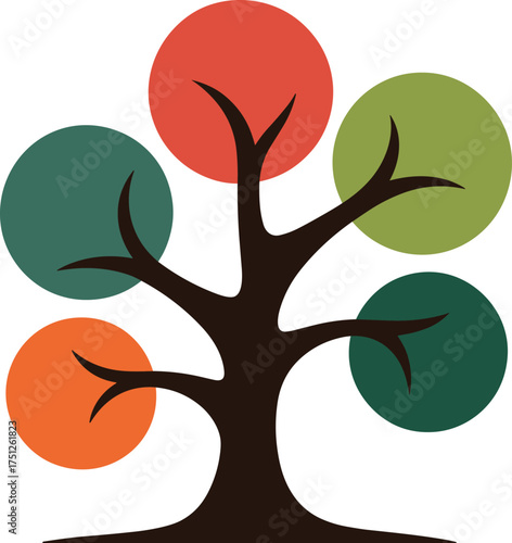 Colorful stylized tree illustration with spherical leaves representing growth and nature elements.