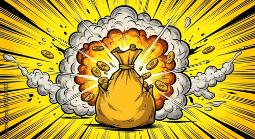 Wealthy success and financial growth in a pop art money explosion of a gold coin bag in a comic style