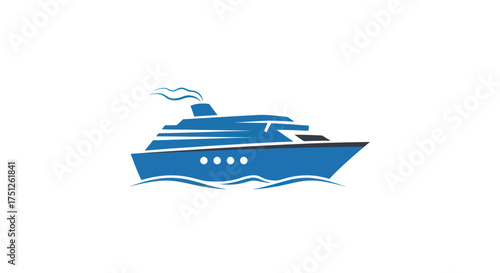 Stylized Blue Passenger Cruise Ship Sailing on Ocean Waves.