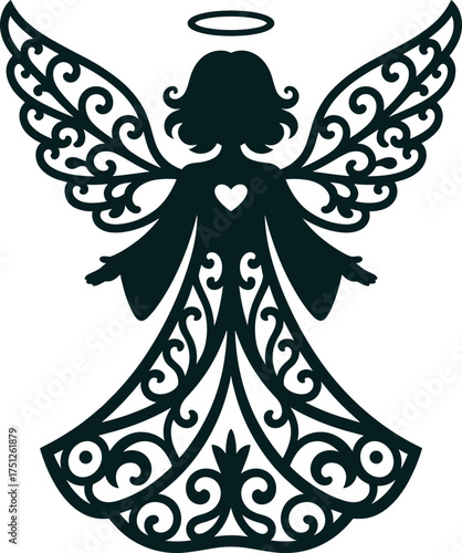 Silhouette of an angel with decorative wings and heart symbol on a white background
