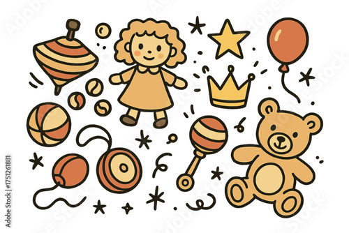 Classic Toys Doodle. Classic toys doodle icon set: hand drawn icons of spinning top, marbles, doll, ball, yo-yo, crown, star,