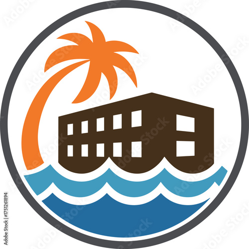 Circular tropical island resort logo featuring a building, palm tree, and ocean waves