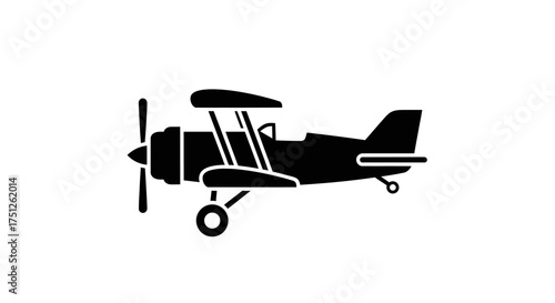 Black Silhouette of a Classic Biplane with Propeller.