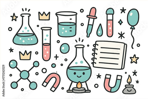 Cute Chemistry Doodles. Chemistry doodle icon set: hand drawn icons of flask, beaker, test tube, pipette, drop, crown, star,