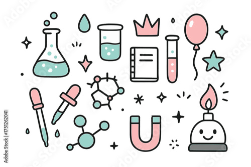 Cute Chemistry Doodles. Chemistry doodle icon set: hand drawn icons of flask, beaker, test tube, pipette, drop, crown, star,