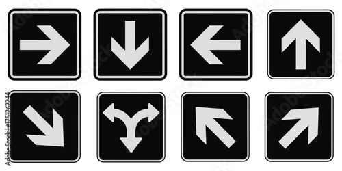 Collection of eight diverse directional arrow icons in vector format silhouette