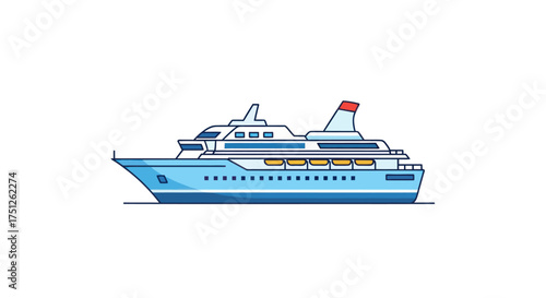 Blue Cruise Ship Illustration with Red Funnel Side View.