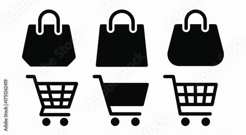 Minimalist black and white shopping bag and cart icons vector illustration for e-commerce and retail silhouette