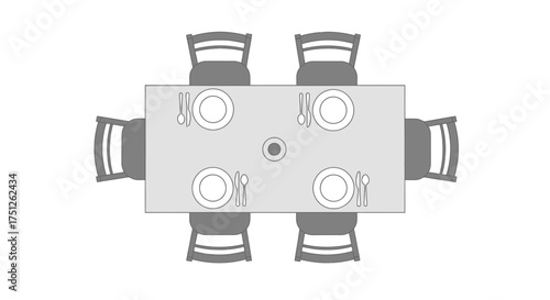 Top-down view of a rectangular dining table set for six people with chairs.